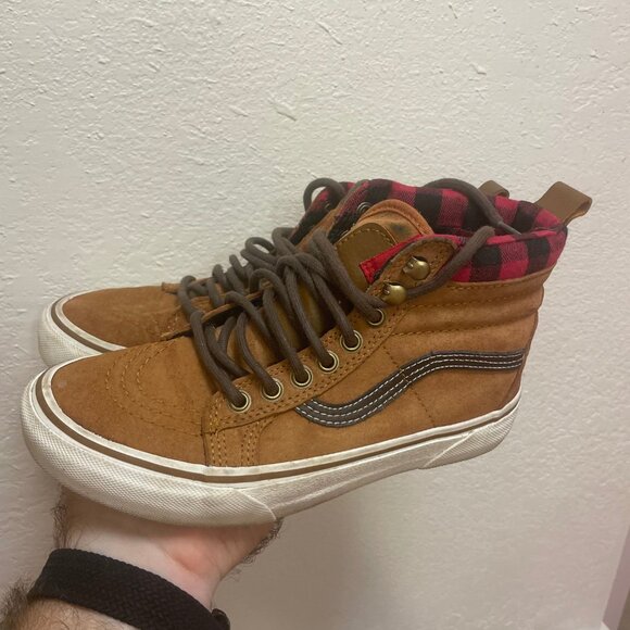 Vans Sk8-Hi MTE Men 5 Women 6.5 Scotchgard 3M Suede Glazed Brown Plaid Lined Red - Picture 2 of 6